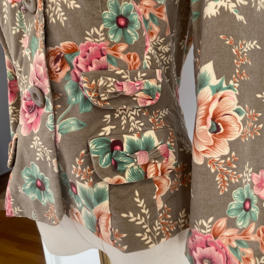 NWT Vintage Y2K Floral Corduroy Blazer Lace Trim Bows Beige 4 XS - Picture 3 of 15